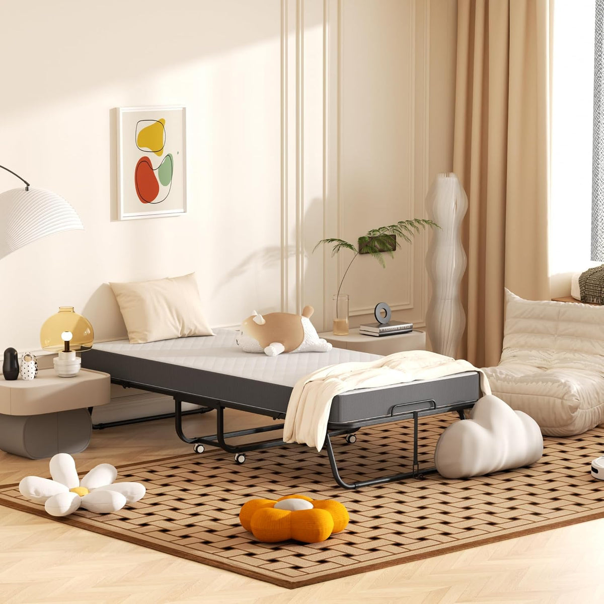 Foldable Single Bed with 5" Memory Foam Mattress and Wheels U284730