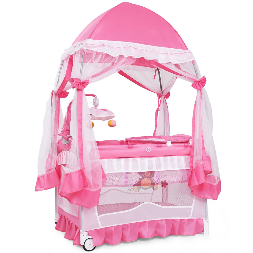 4 in 1 Pack and Play with Canopy, Portable Playard with Bassinet J977854