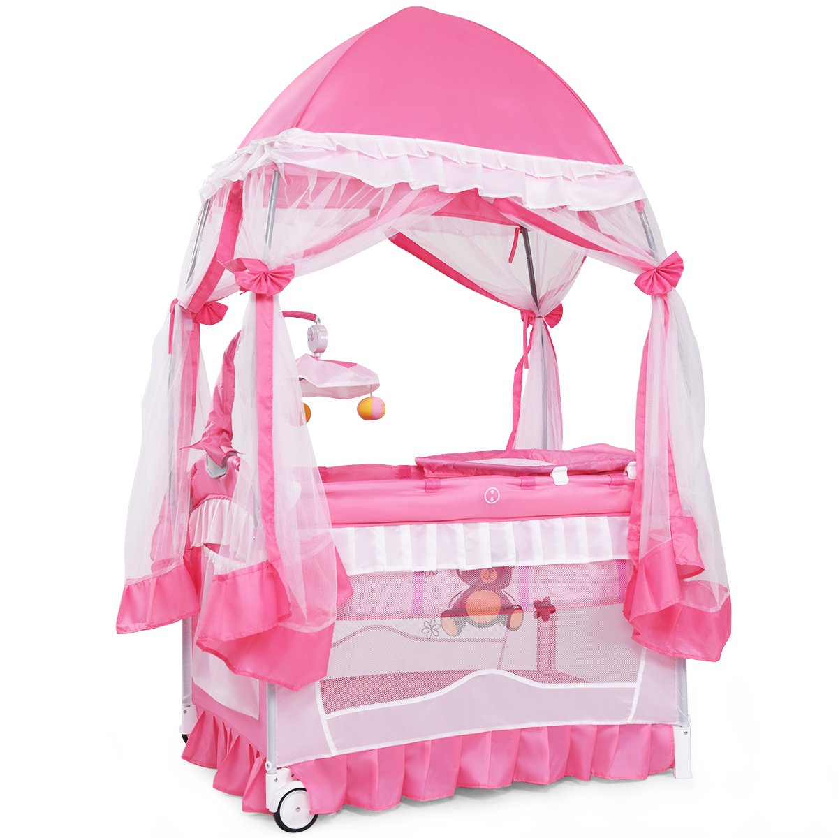 4 in 1 Pack and Play with Canopy, Portable Playard with Bassinet J977854