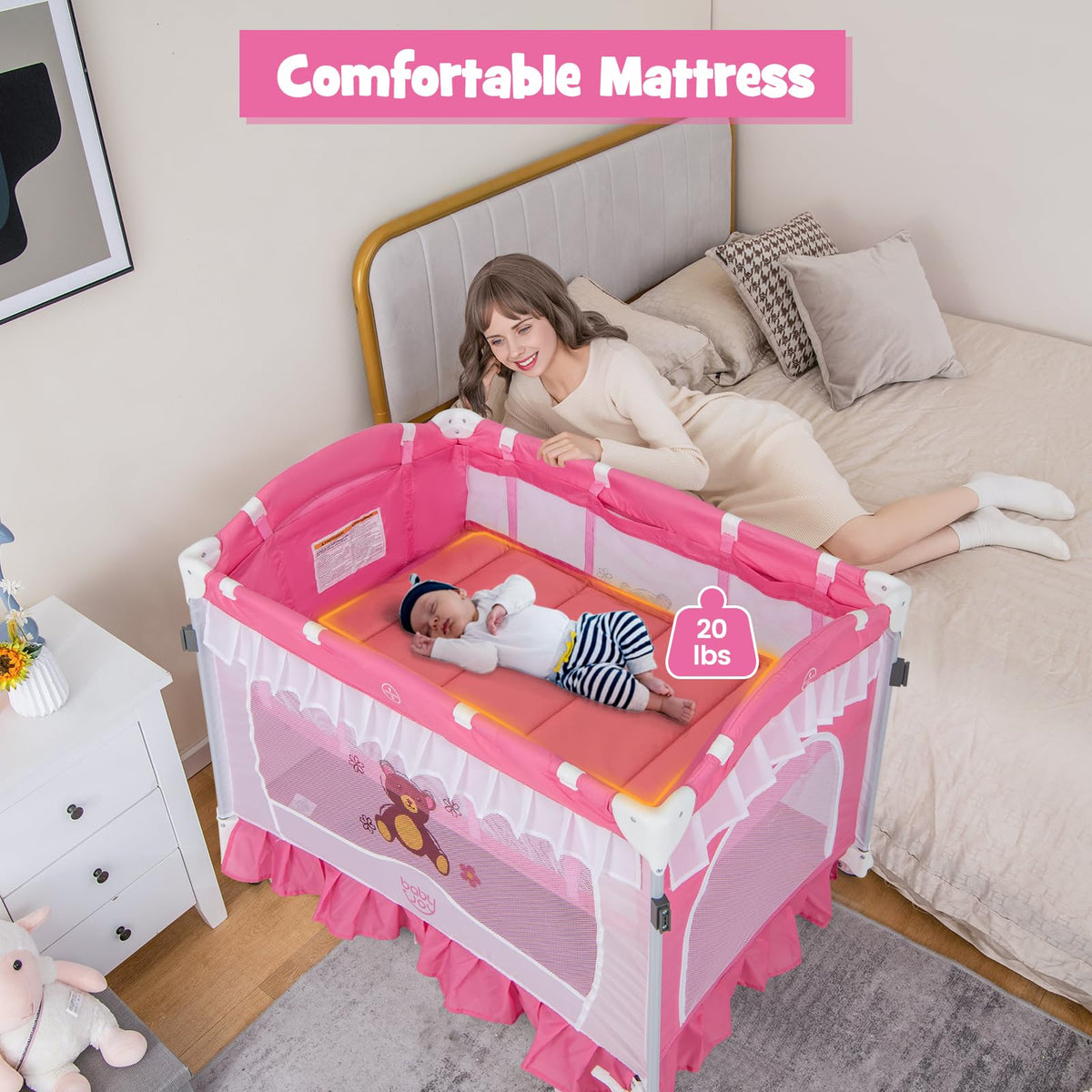 4 in 1 Pack and Play with Canopy, Portable Playard with Bassinet J977854