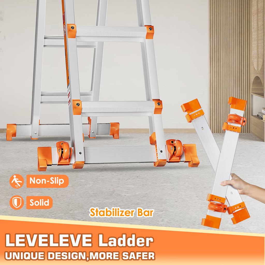 Telescoping A Frame Ladder, 17FT Multi Position Ladder with Stabilizer Bar & Wheels D28372