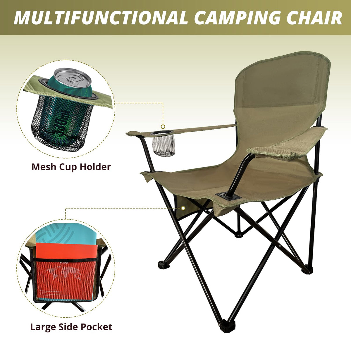2 Pack Folding Camping Chairs with High Back, 300lbs Capacity, Green K3779