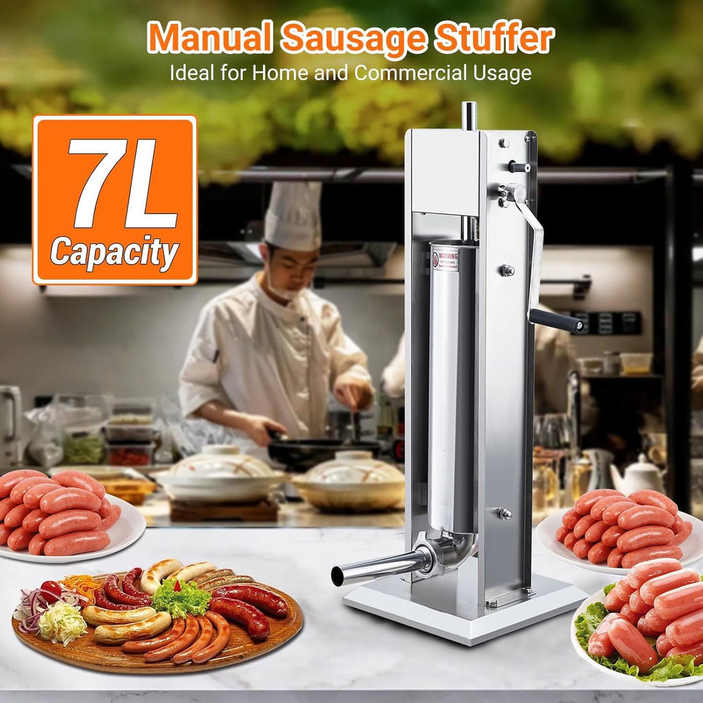 15LBS/7L Two Speed Stainless Steel Sausage Stuffer with 4 Stuffing Tubes Y297043
