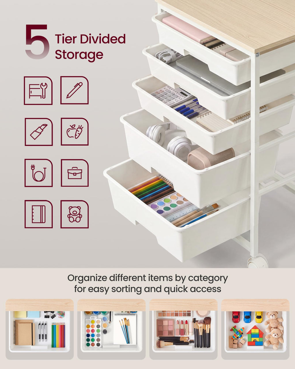 White 5 Drawers Rolling Cart C133814