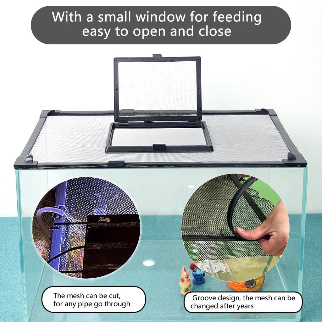 Magnetic Fish Tank Cover with Feeding Window Dark Grey Frame Grey Fiberglass Net L620