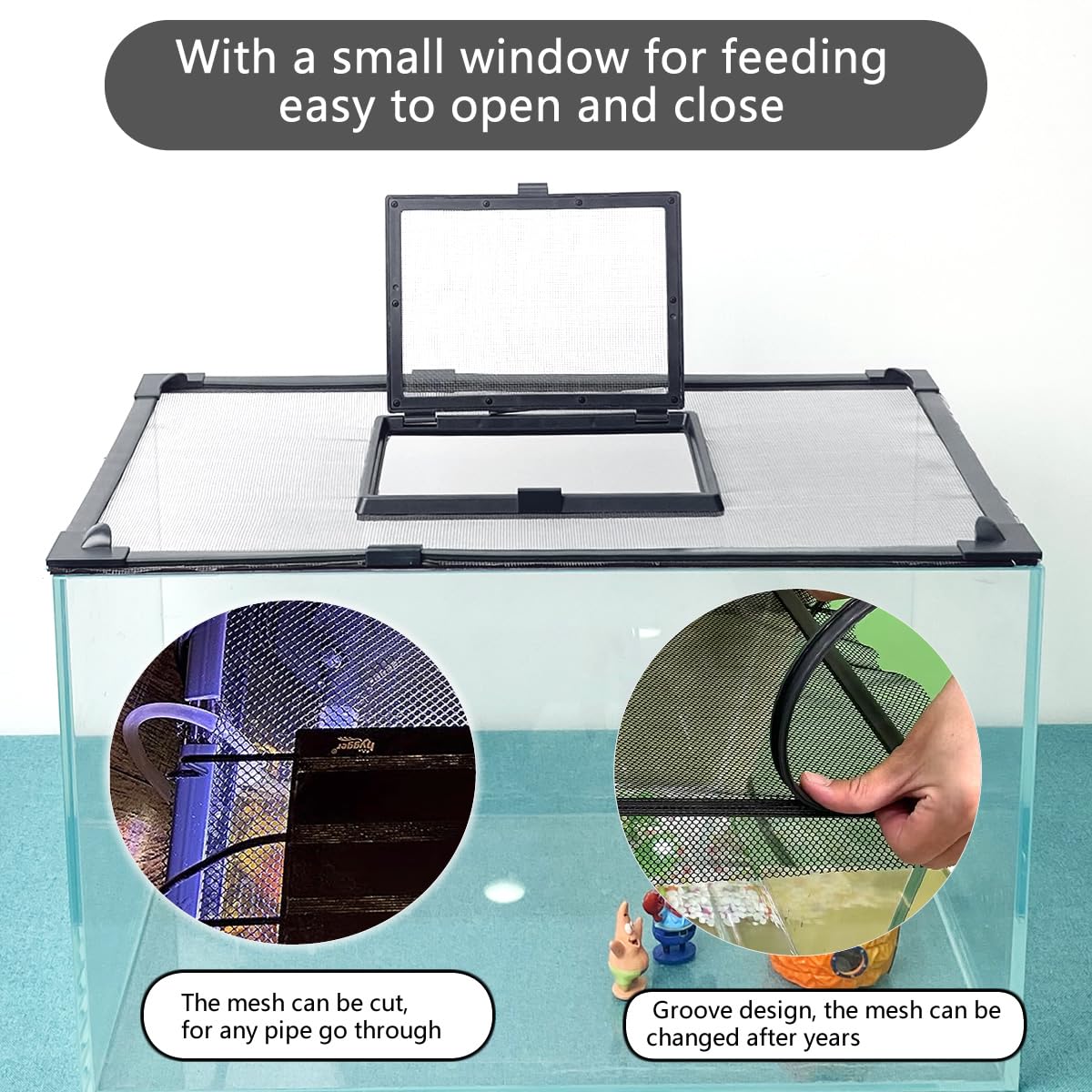 Magnetic Fish Tank Cover with Feeding Window Dark Grey Frame Grey Fiberglass Net L620