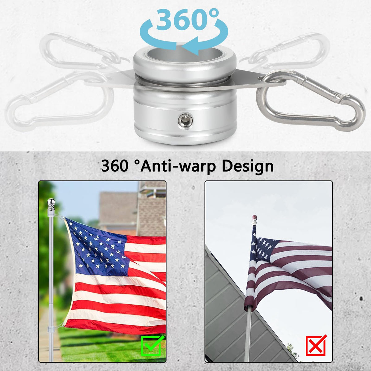 Aluminum Alloy Flag Pole Rings 360° Rotating with Carabiner, Pack of 2 G53539
