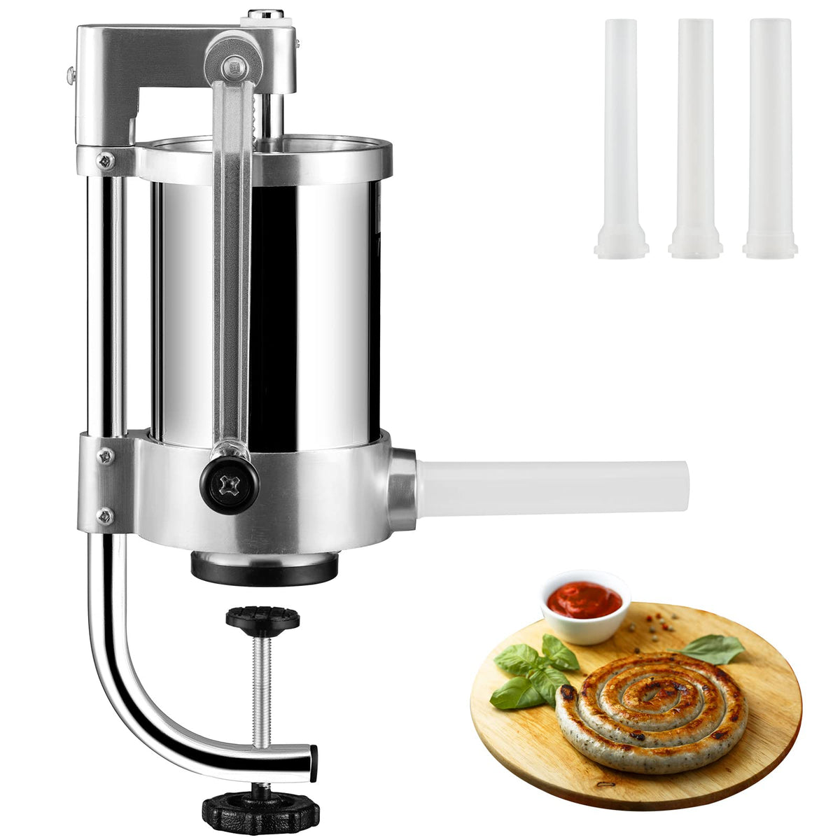 2.5LBS 304 Stainless Steel Vertical Sausage Stuffer with 3 Stuffing Tubes B831