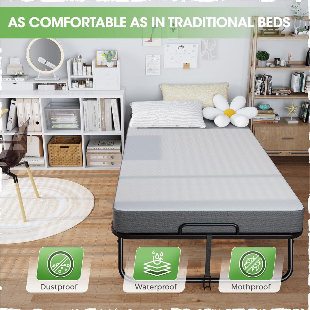 Foldable Single Bed with 5" Memory Foam Mattress and Wheels U284730