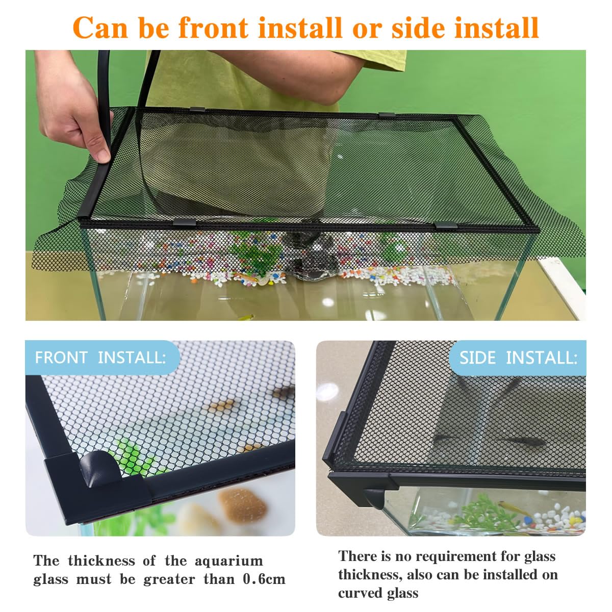 Magnetic Fish Tank Cover with Feeding Window Dark Grey Frame Grey Fiberglass Net L620