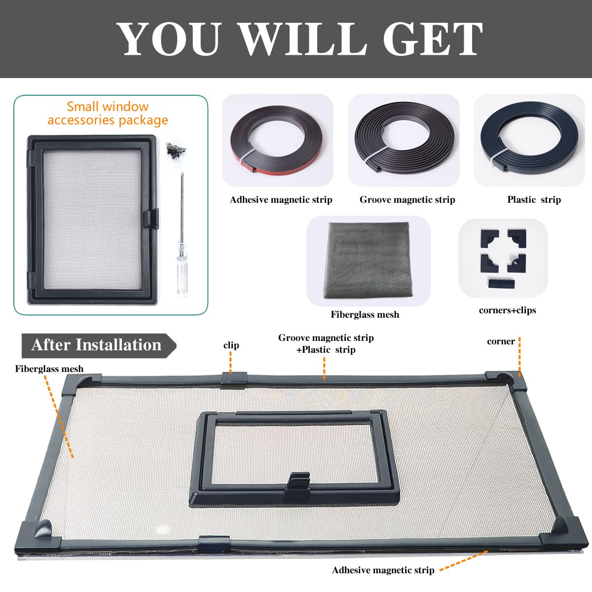 Magnetic Fish Tank Cover with Feeding Window Dark Grey Frame Grey Fiberglass Net L620