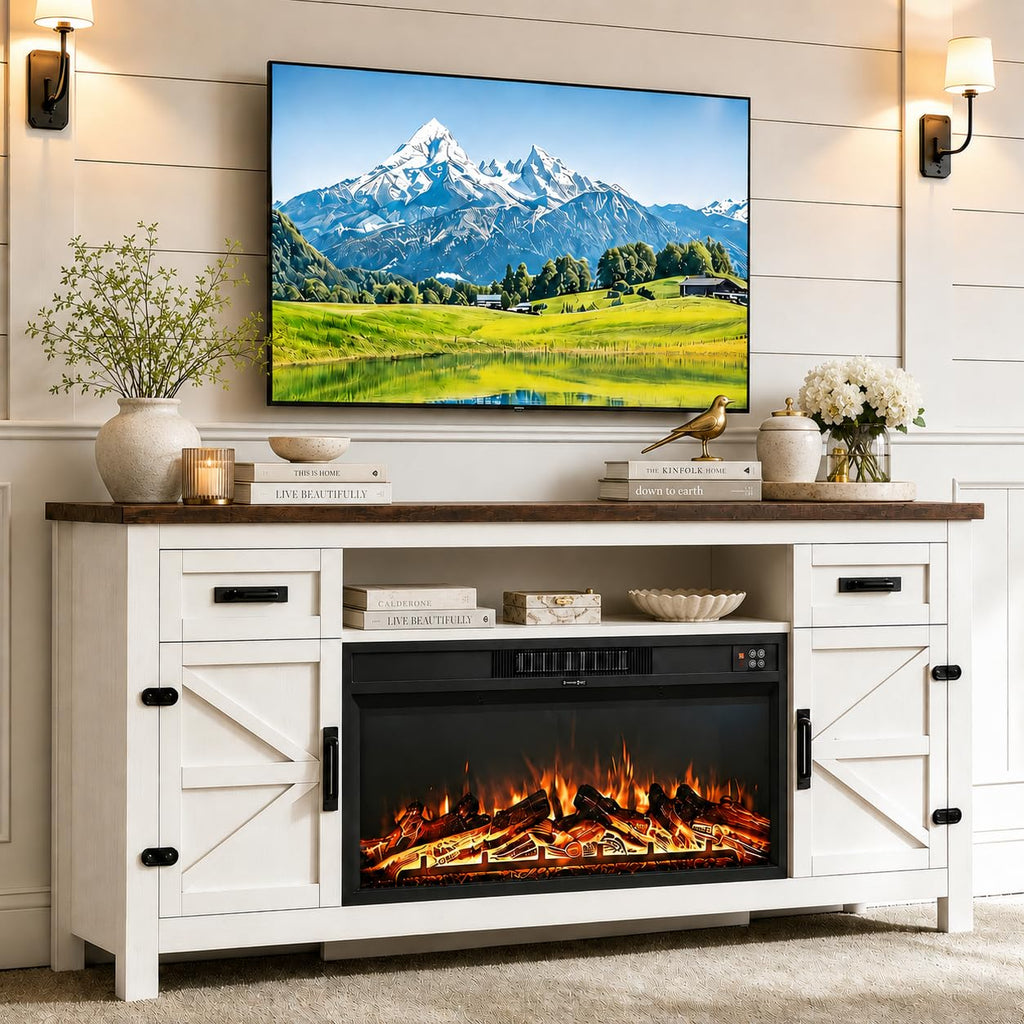 White 70 inch Fireplace TV Stand with Barn Door K868127