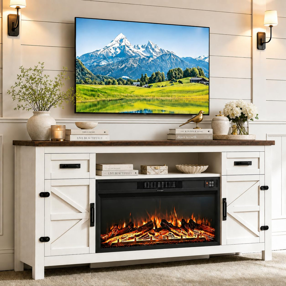 White 70 inch Fireplace TV Stand with Barn Door K868127
