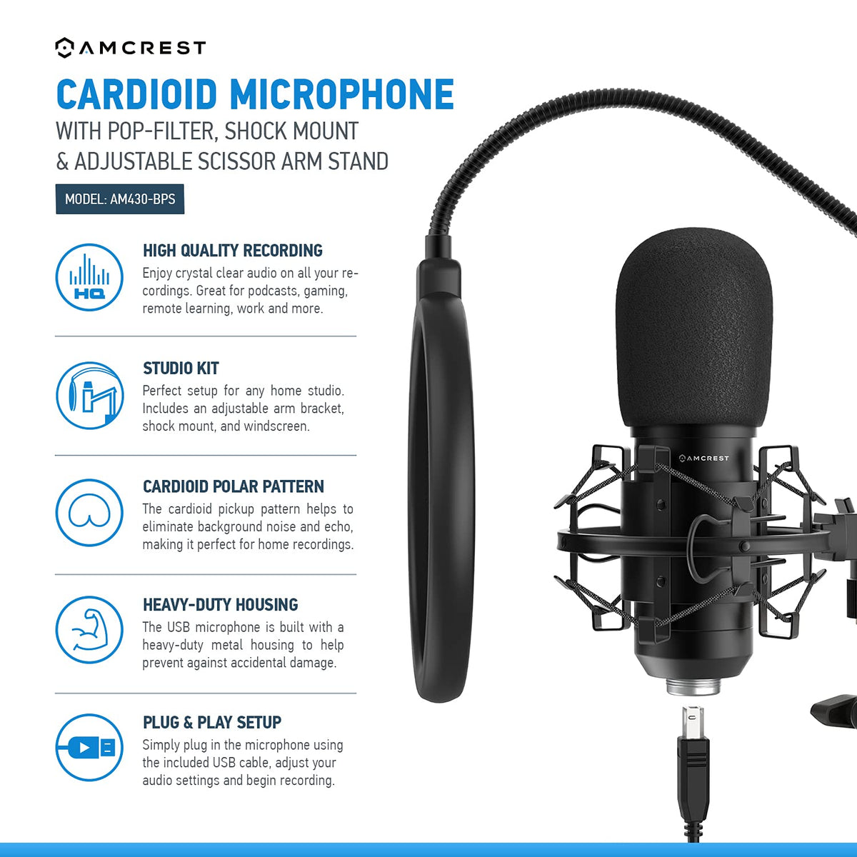 USB Microphone with Boom Arm, Pop-Filter, Shock Mount J44234