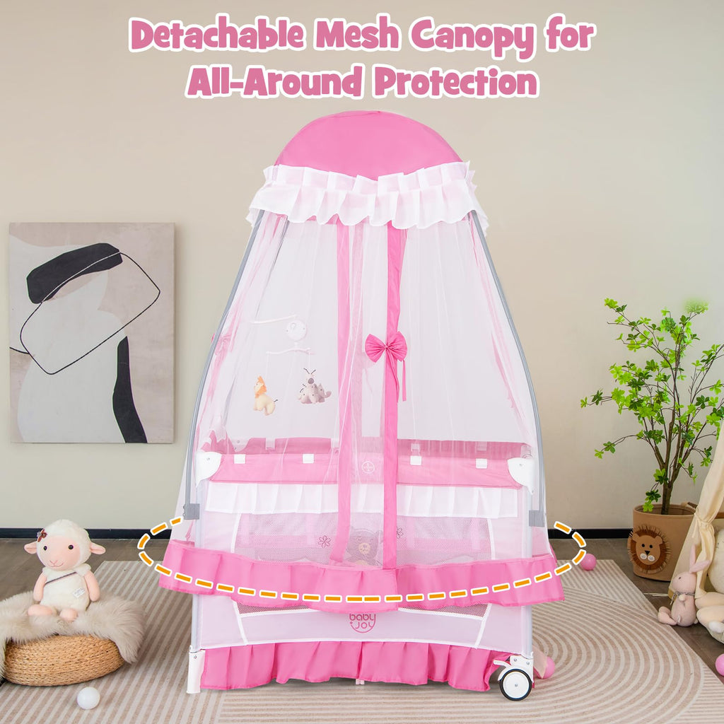 4 in 1 Pack and Play with Canopy, Portable Playard with Bassinet J977854
