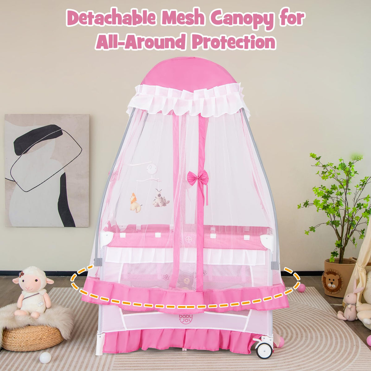 4 in 1 Pack and Play with Canopy, Portable Playard with Bassinet J977854