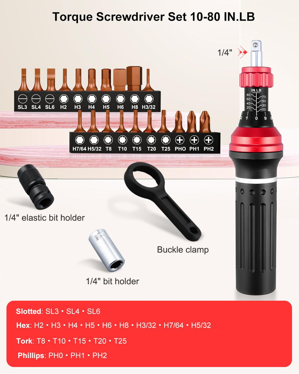 Torque Screwdriver 10-80 in.lb 1/4” Torque Driver Set with Bit Set J315