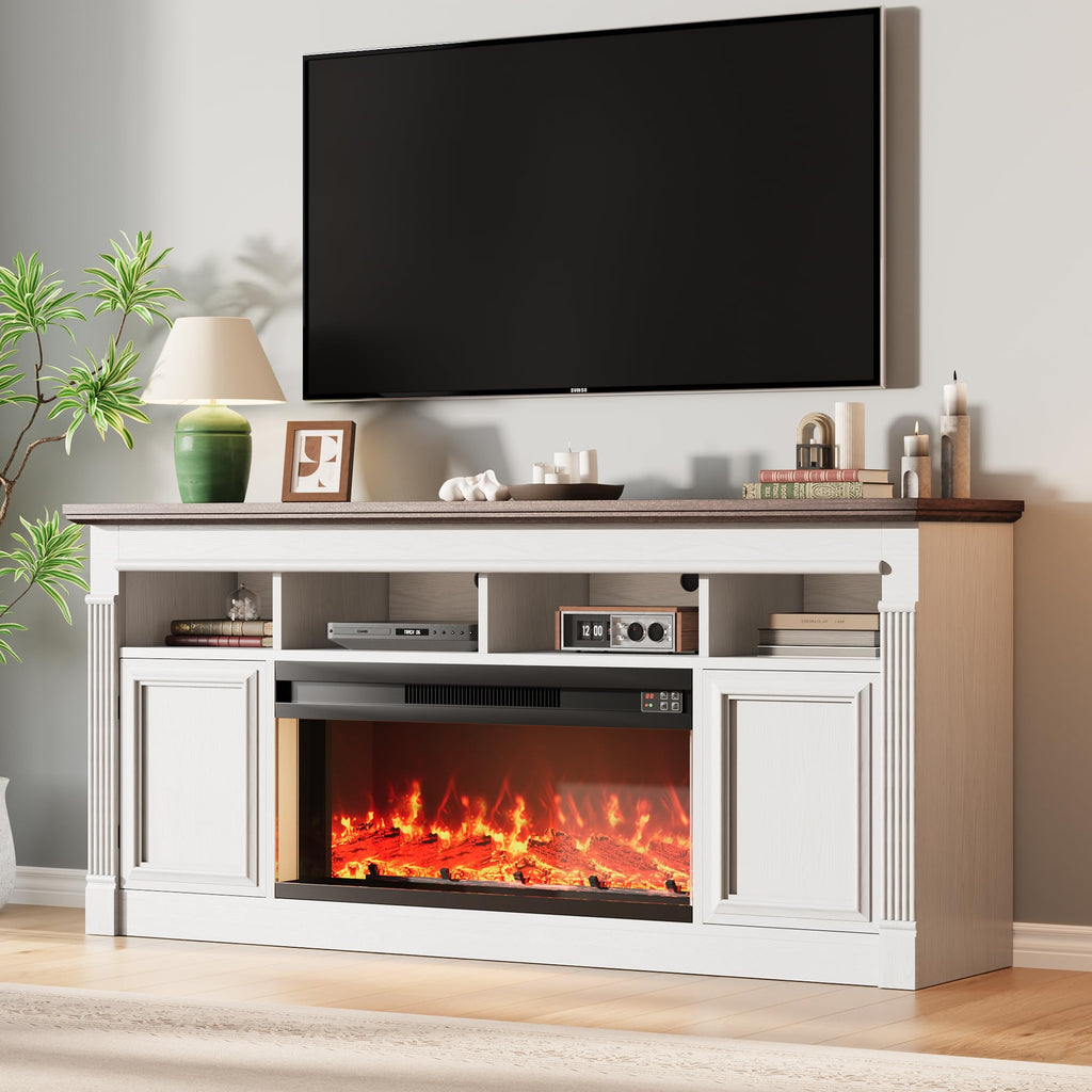 66 Inch White & Brown Two-Tone Fireplace TV Stand Q1289