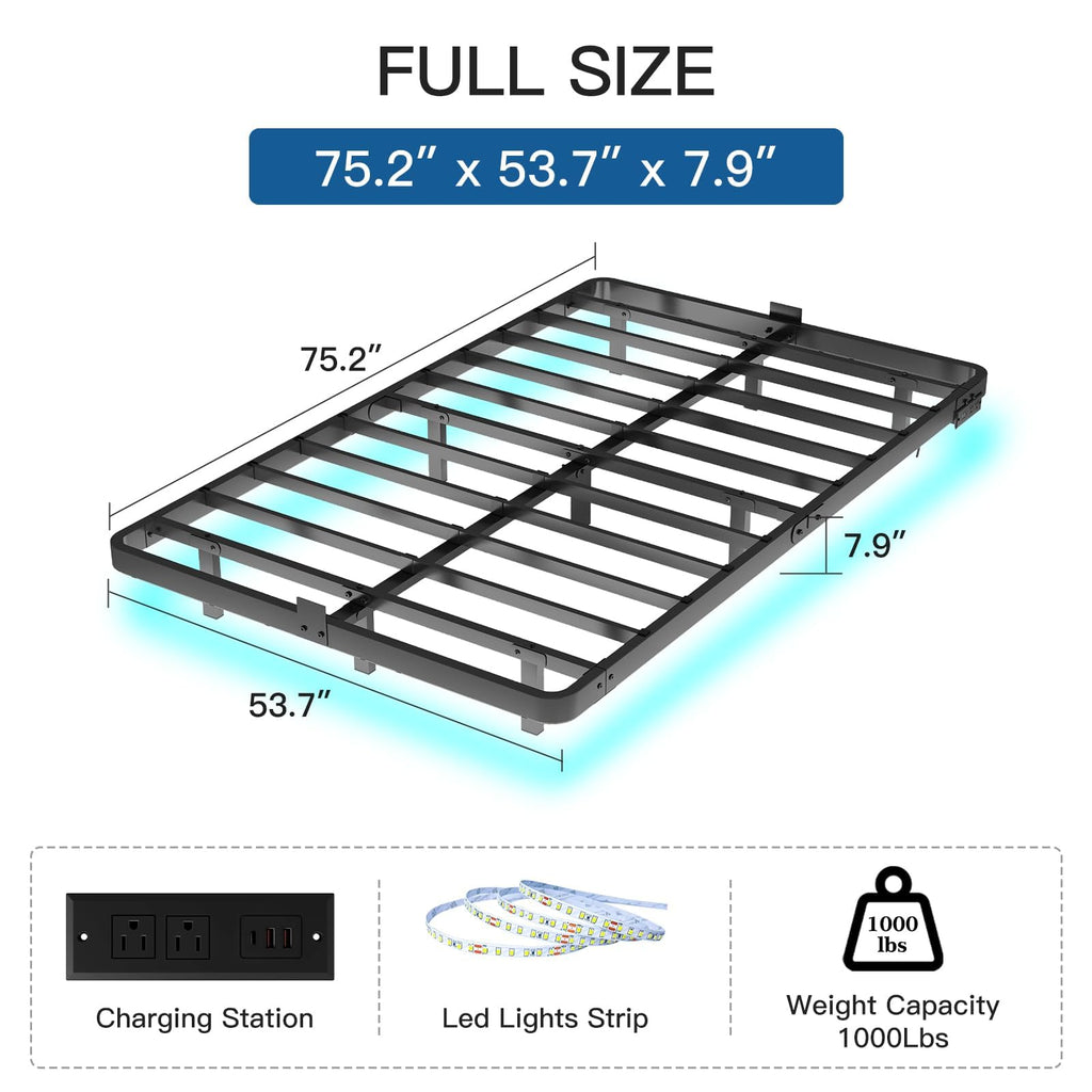 Full Size Floating Platform Bed Frame with LED Lights & Charging Station U3730