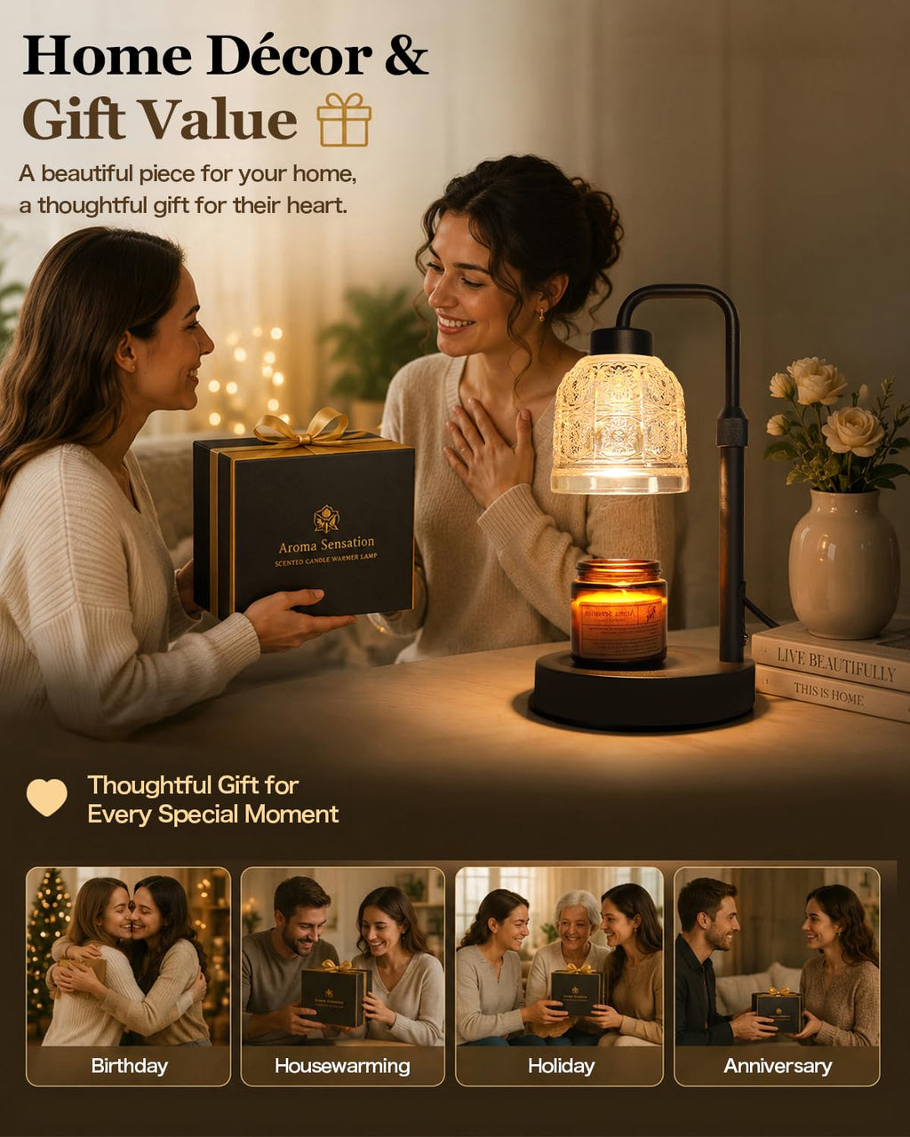 Candle Warmer Lamp with Timer, Gold I785077