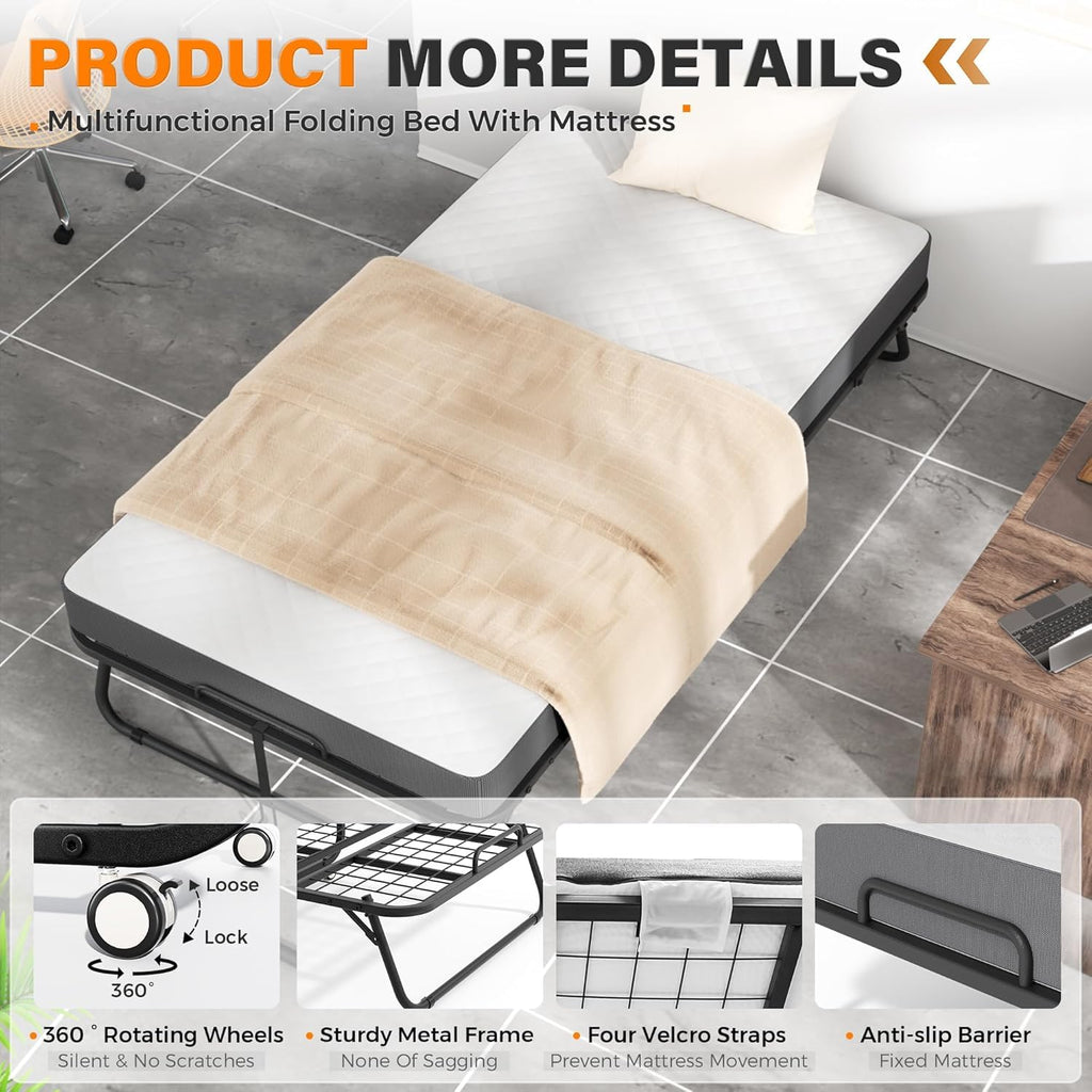 Foldable Single Bed with 5" Memory Foam Mattress and Wheels U284730