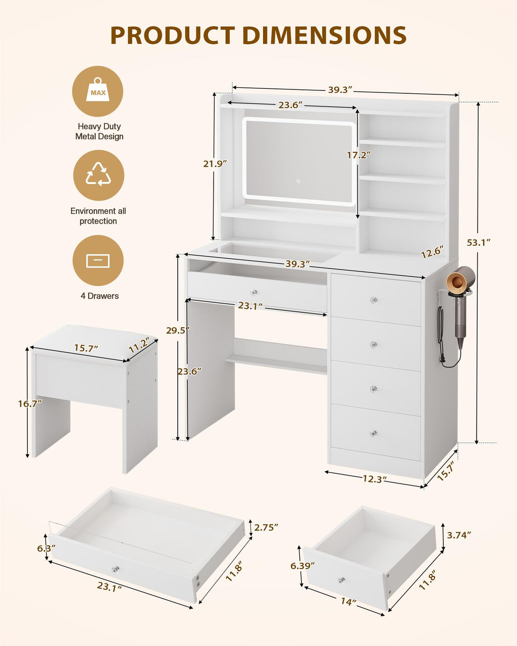 White Vanity Desk Set with Glass Desktop A116692