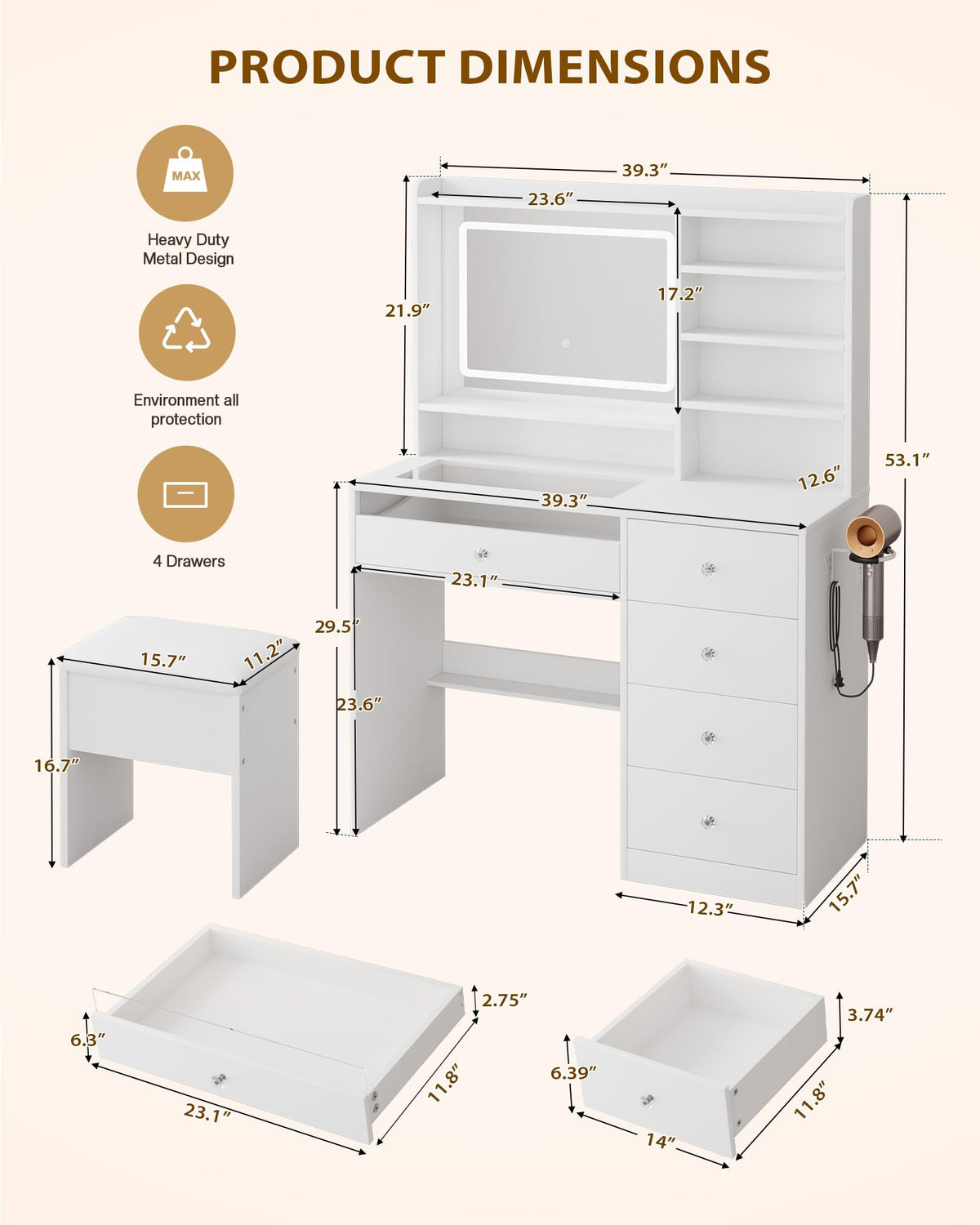 White Vanity Desk Set with Glass Desktop A116692