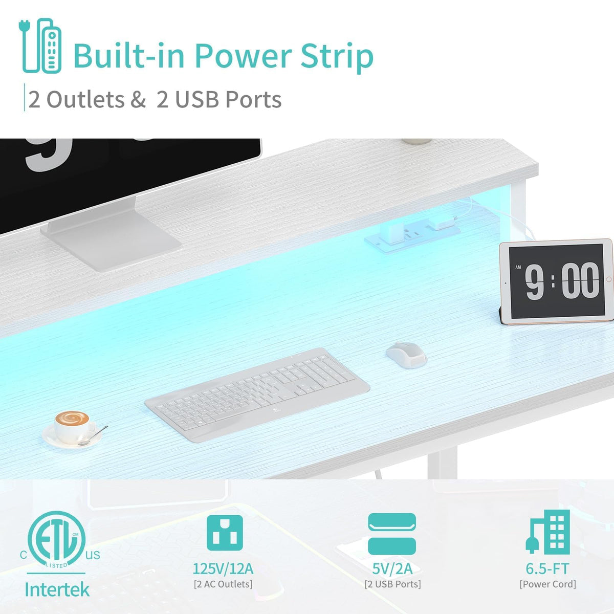White 40 Inch Computer Desk with LED Lights and Power Outlets R1117