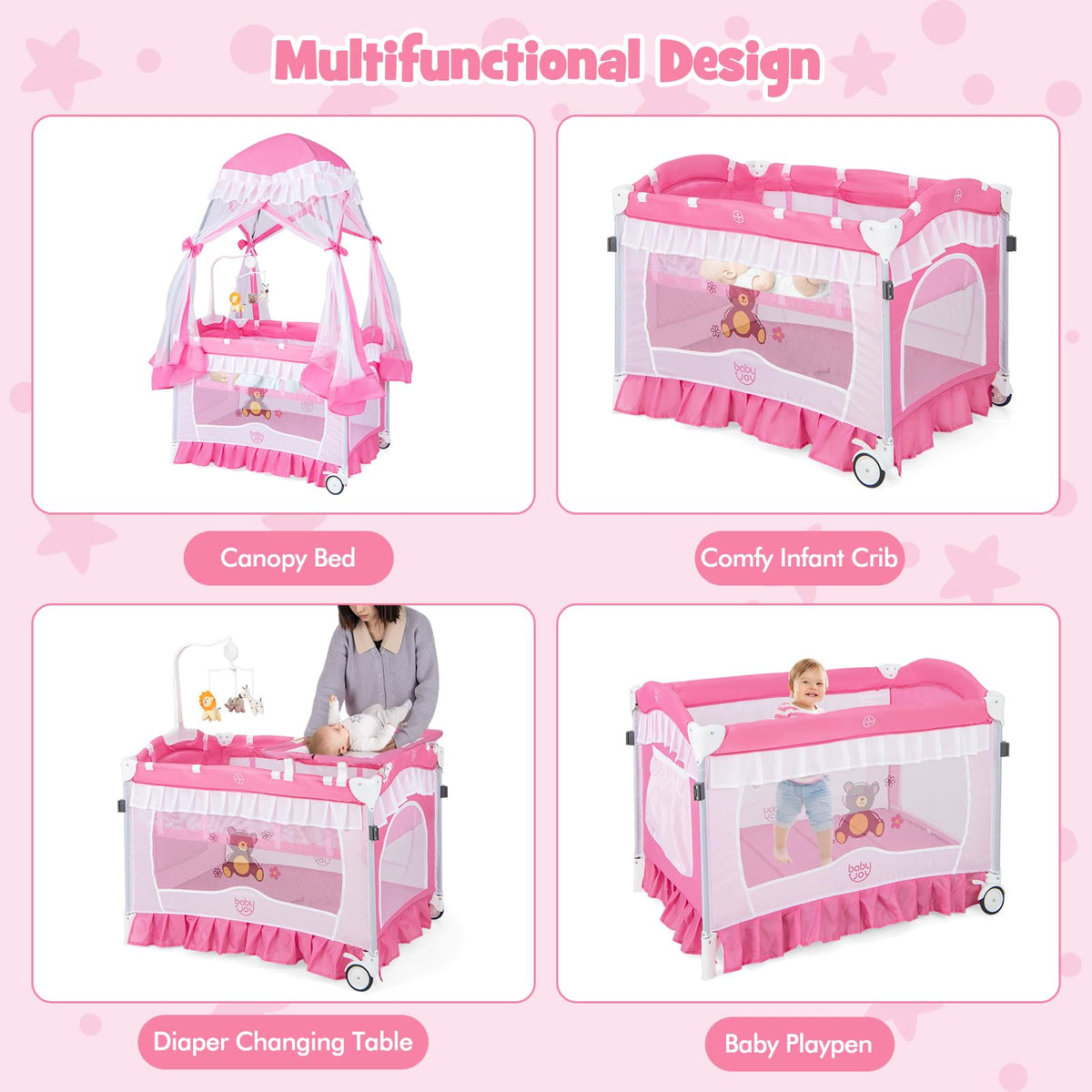 4 in 1 Pack and Play with Canopy, Portable Playard with Bassinet J977854
