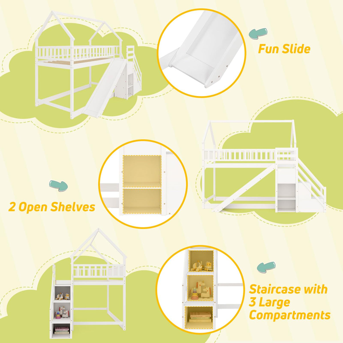 White Twin Over Twin Wood Bunk Bed with Slide and Stairs M89972