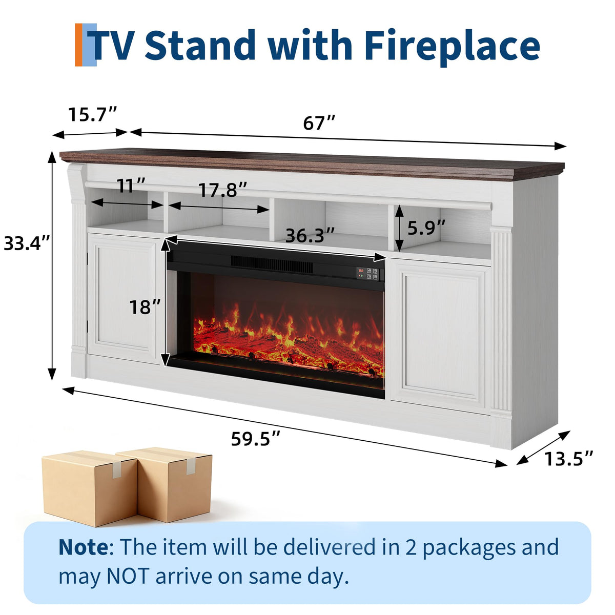 66 Inch White & Brown Two-Tone Fireplace TV Stand Q1289