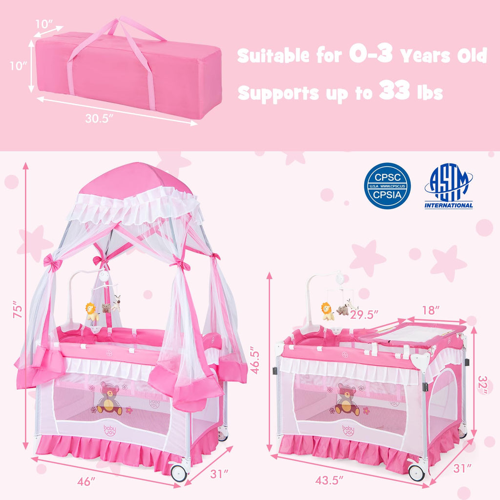 4 in 1 Pack and Play with Canopy, Portable Playard with Bassinet J977854