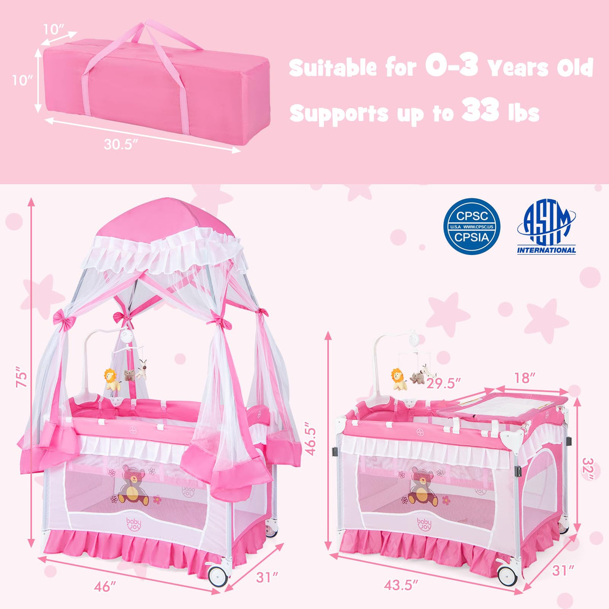 4 in 1 Pack and Play with Canopy, Portable Playard with Bassinet J977854