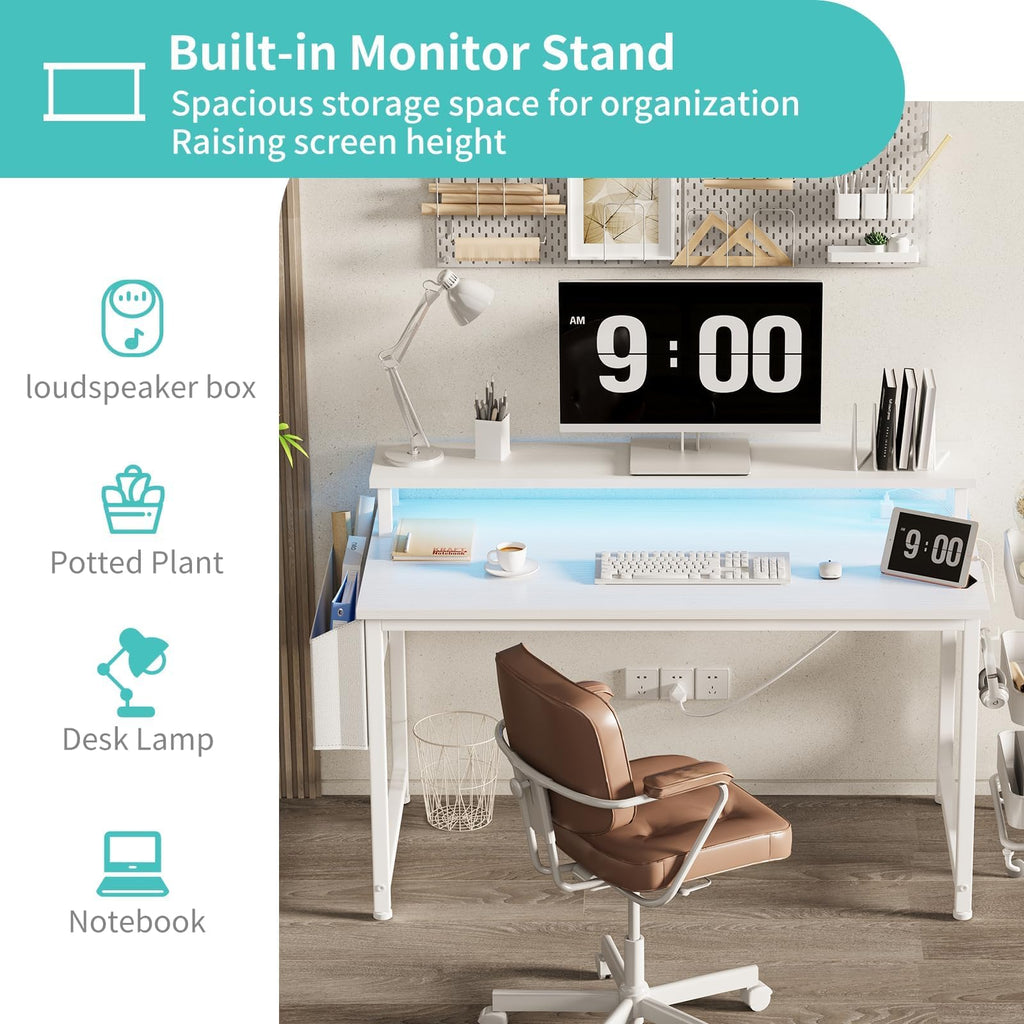 White 40 Inch Computer Desk with LED Lights and Power Outlets R1117