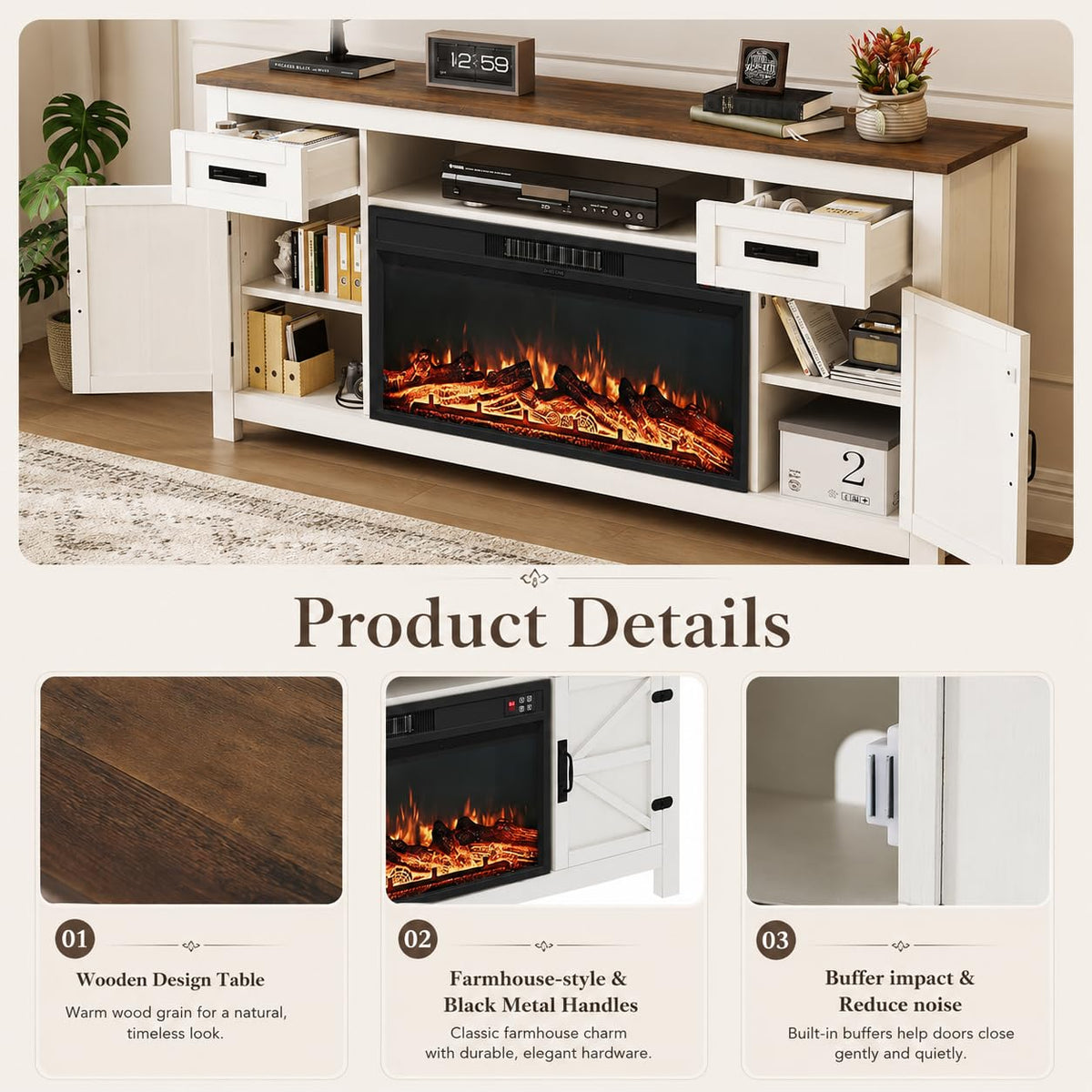 White 70 inch Fireplace TV Stand with Barn Door K868127