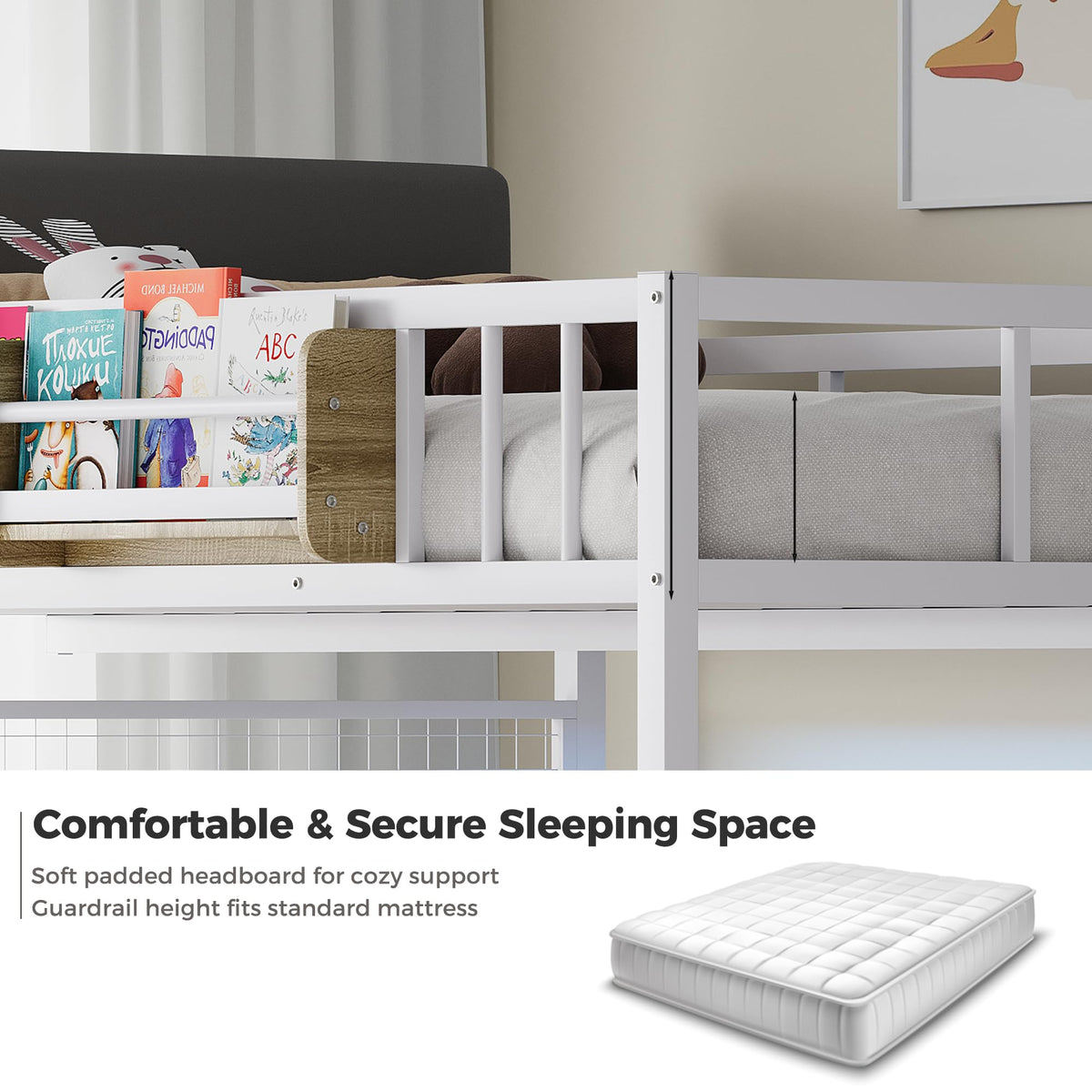 Full Over Twin L-Shaped Metal Loft Bunk Bed with Desk, Stairs, Drawers, Shelves, Charging Station and LED Light C8529