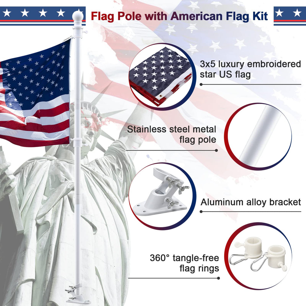 5ft White Tangle Free Flag Pole with 3x5 Embroidered US Flag C590