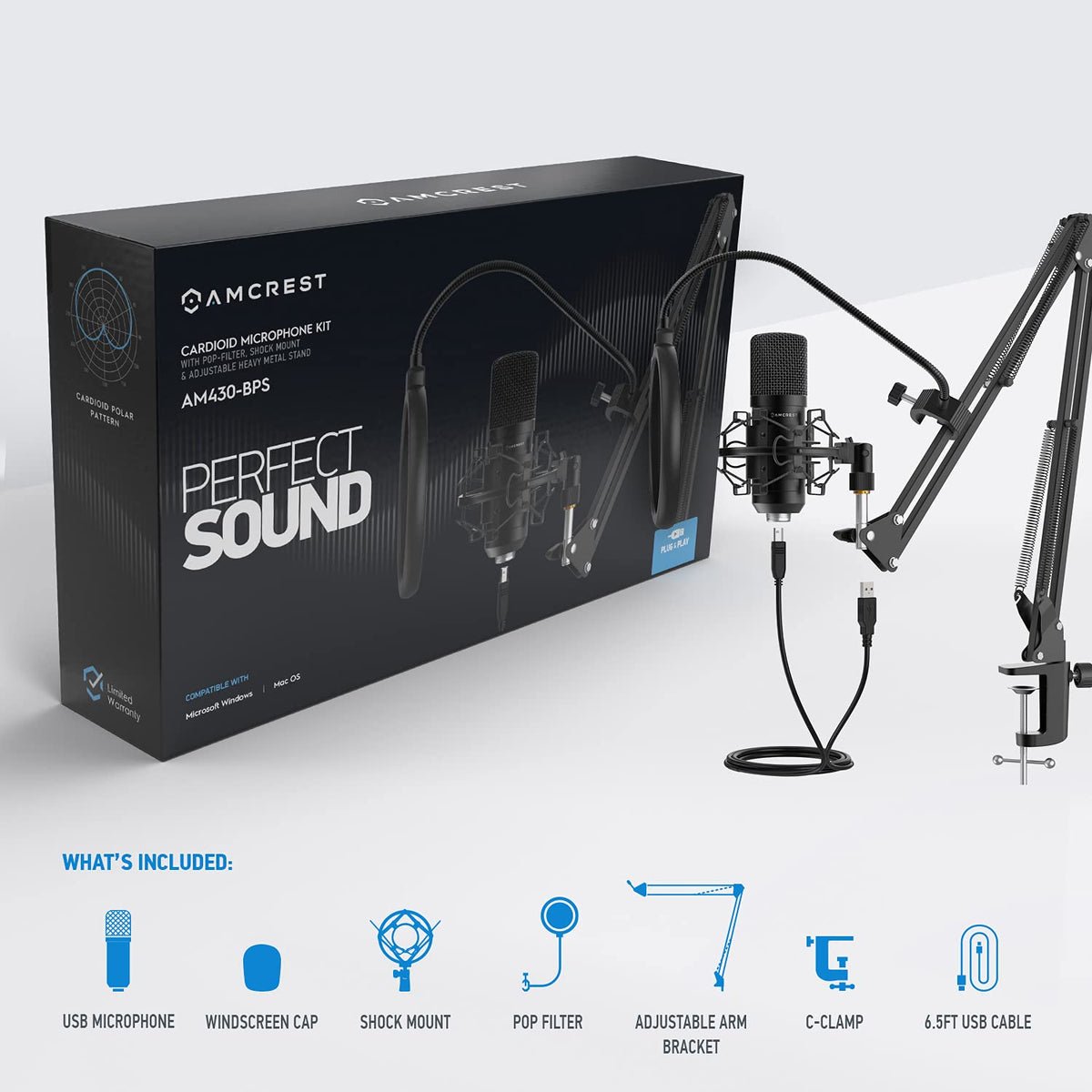 USB Microphone with Boom Arm, Pop-Filter, Shock Mount J44234