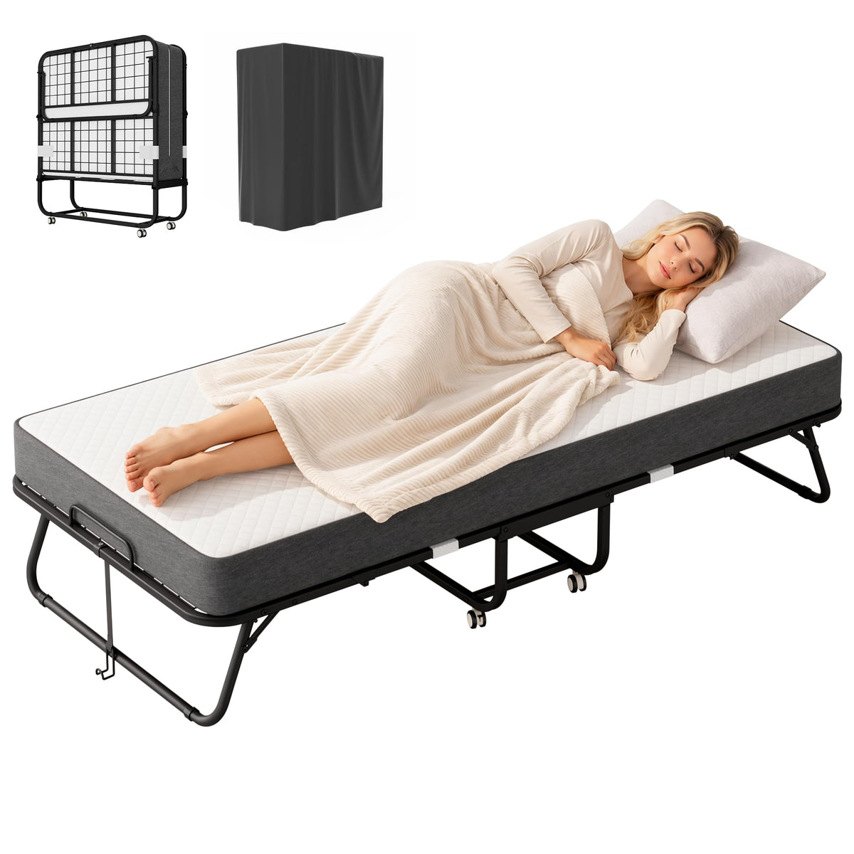 Foldable Single Bed with 5" Memory Foam Mattress and Wheels U284730