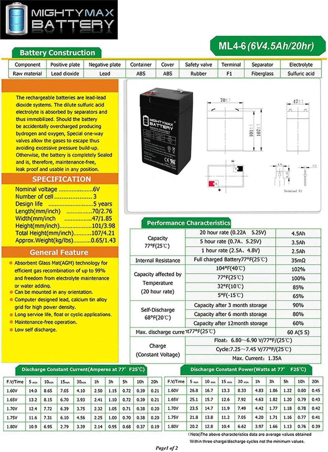 6V 4.5AH SLA Battery 2 Pack Z657