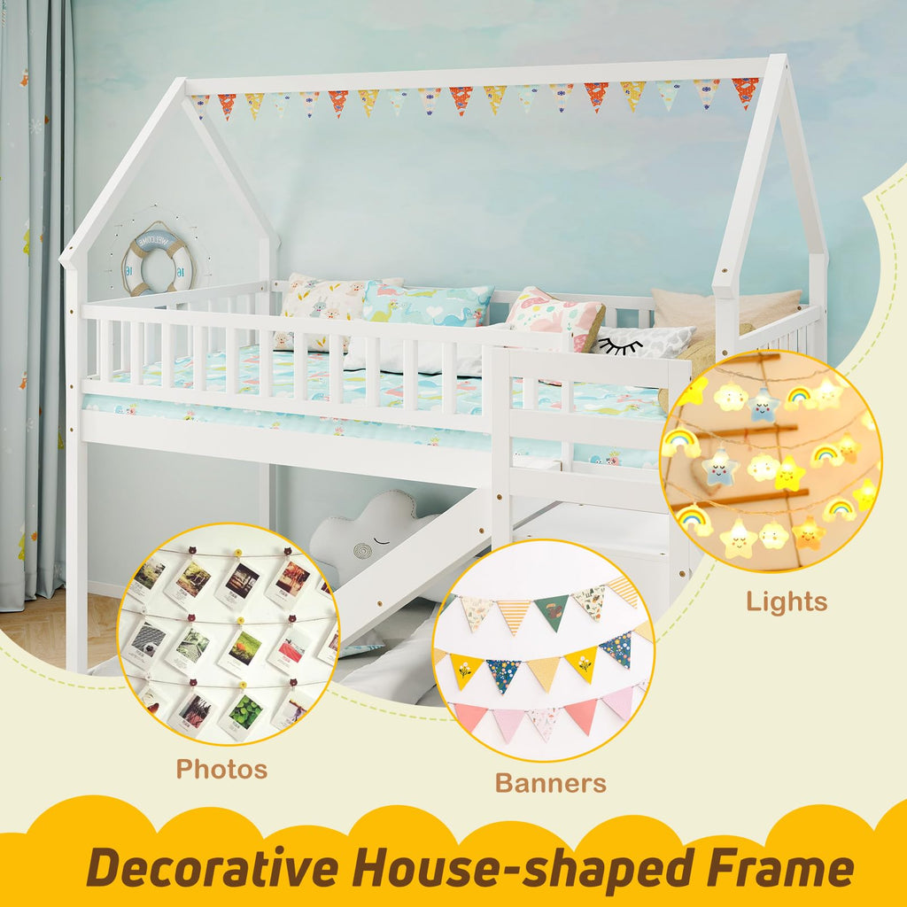White Twin Over Twin Wood Bunk Bed with Slide and Stairs M89972