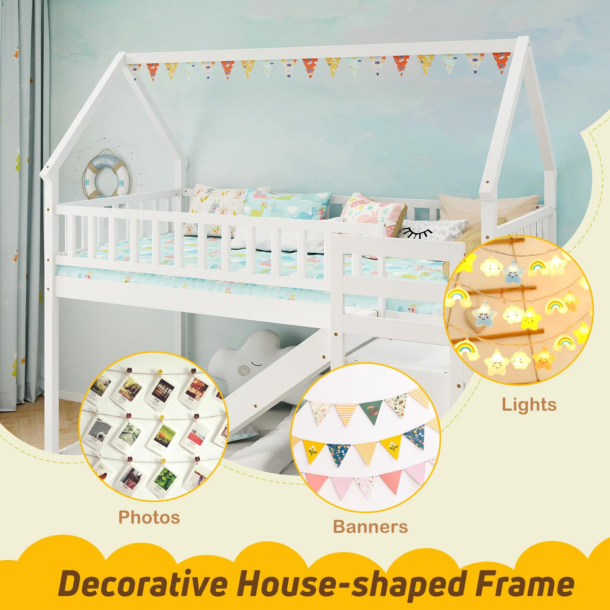 White Twin Over Twin Wood Bunk Bed with Slide and Stairs M89972