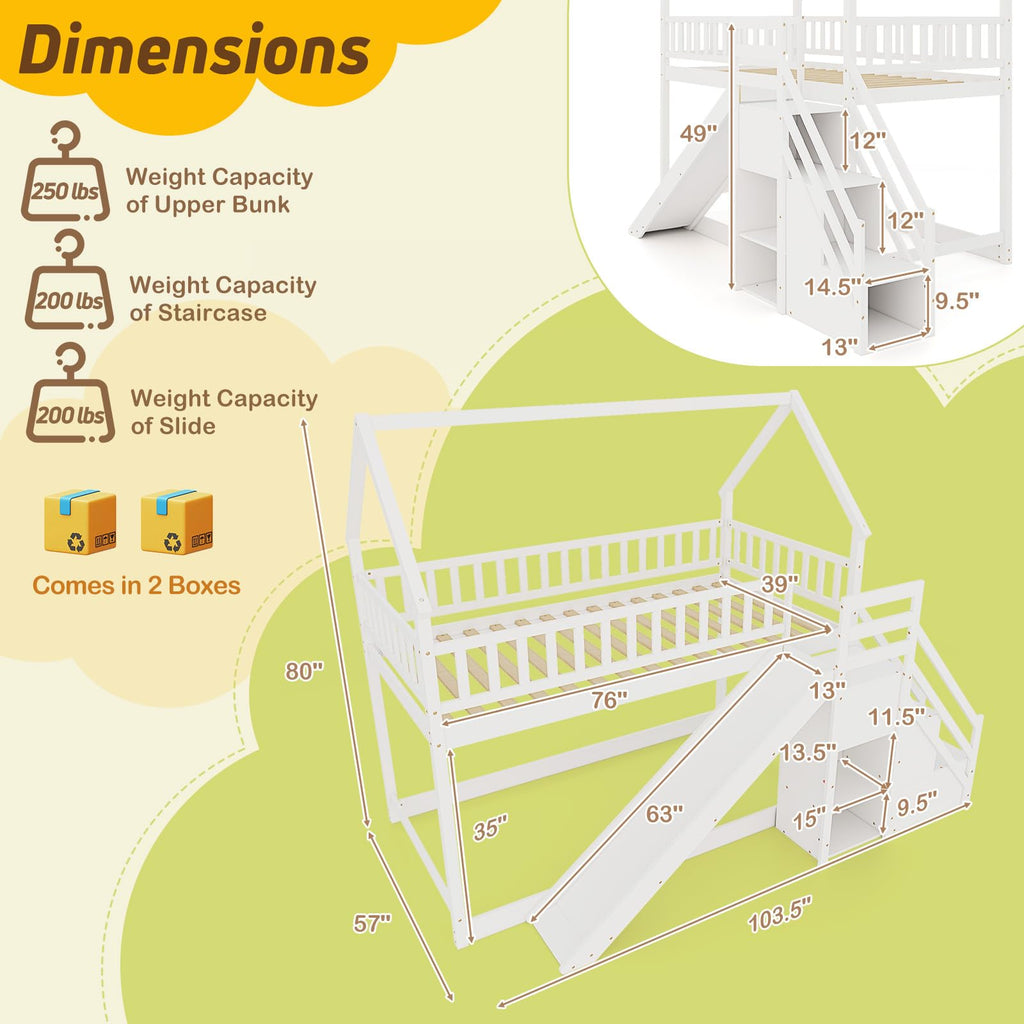 White Twin Over Twin Wood Bunk Bed with Slide and Stairs M89972