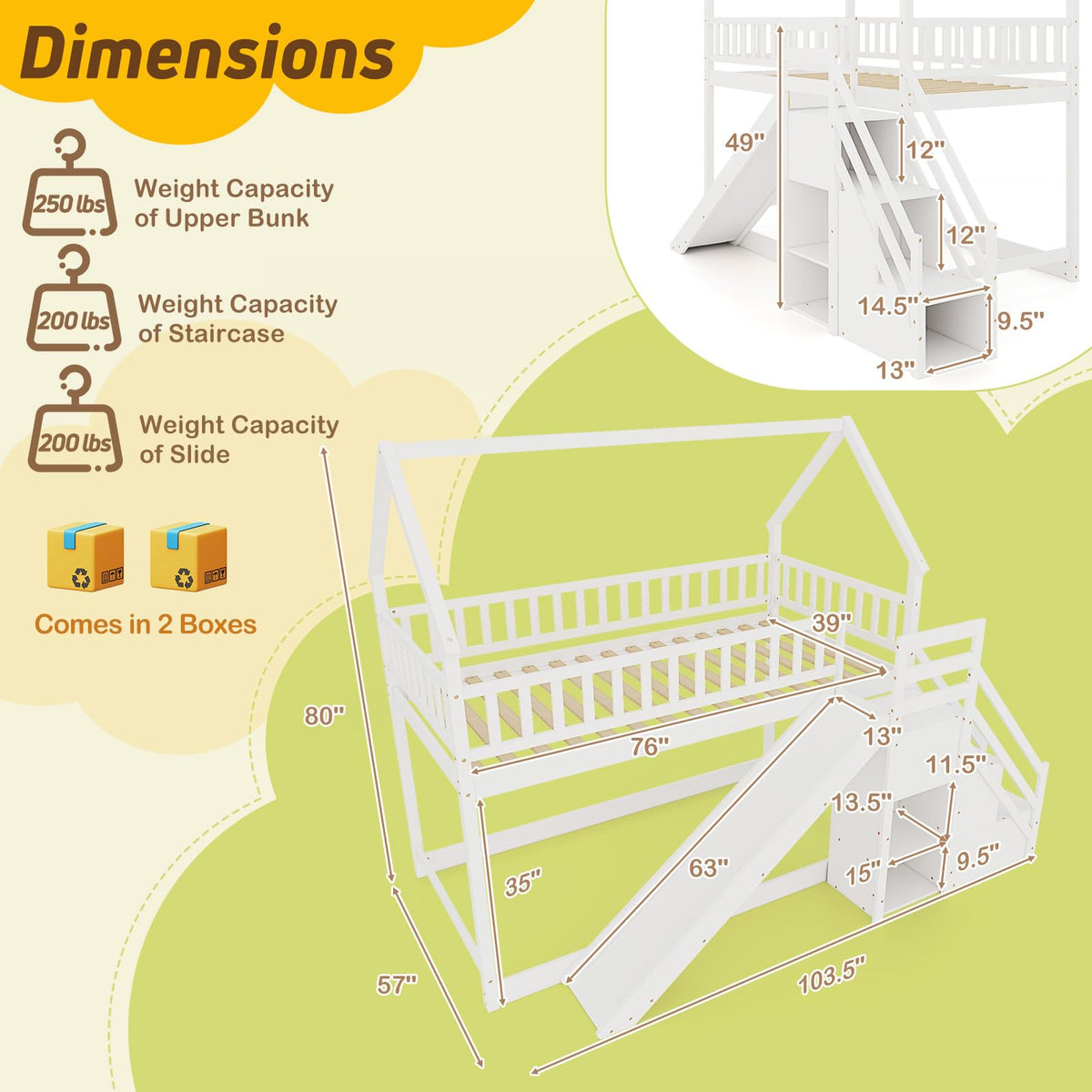 White Twin Over Twin Wood Bunk Bed with Slide and Stairs M89972