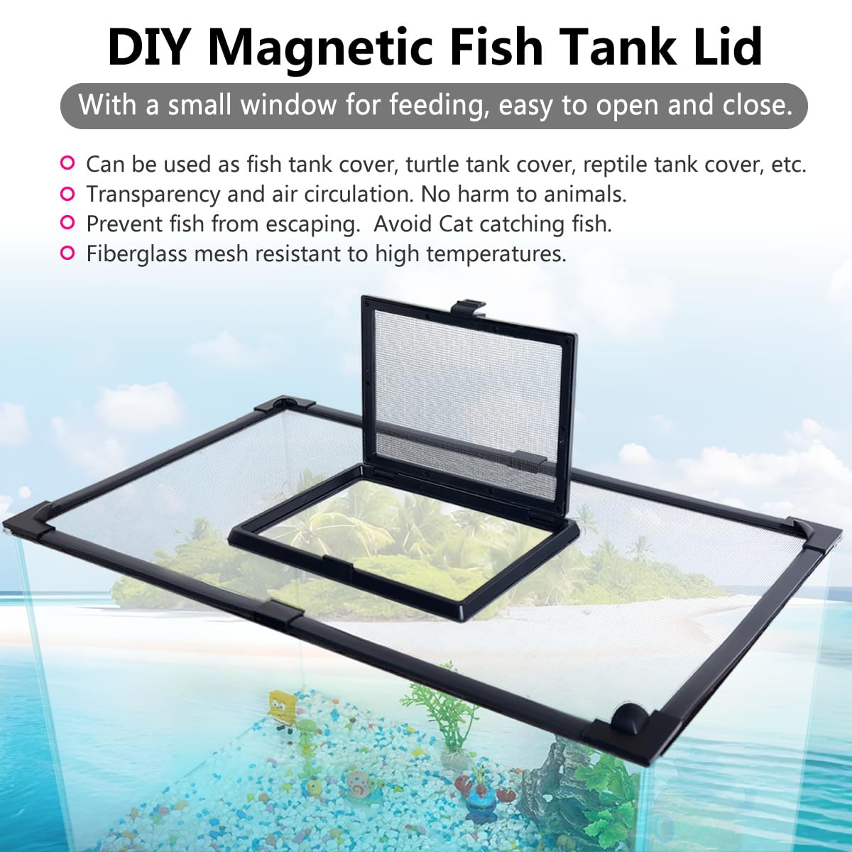 Magnetic Fish Tank Cover with Feeding Window Dark Grey Frame Grey Fiberglass Net L620