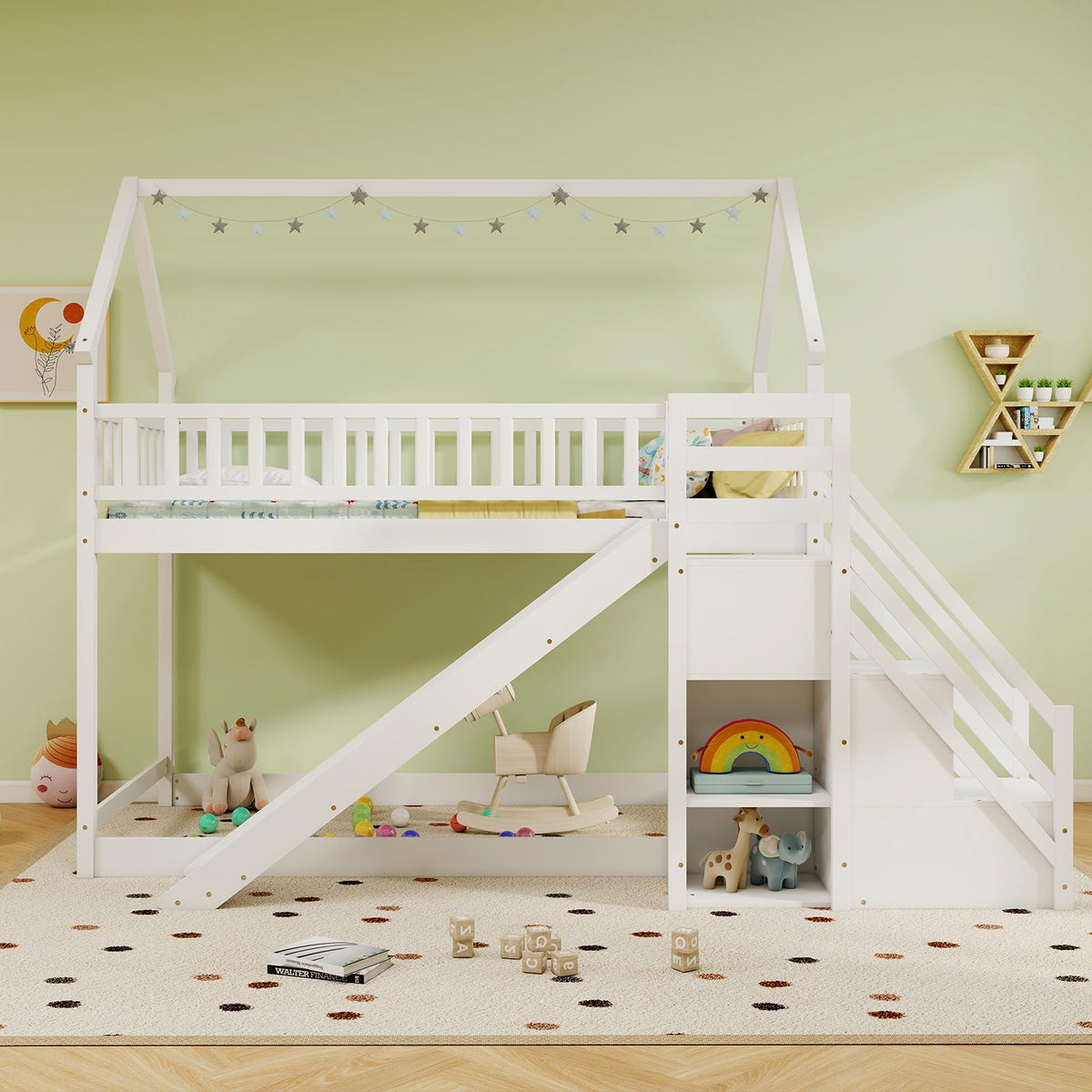 White Twin Over Twin Wood Bunk Bed with Slide and Stairs M89972