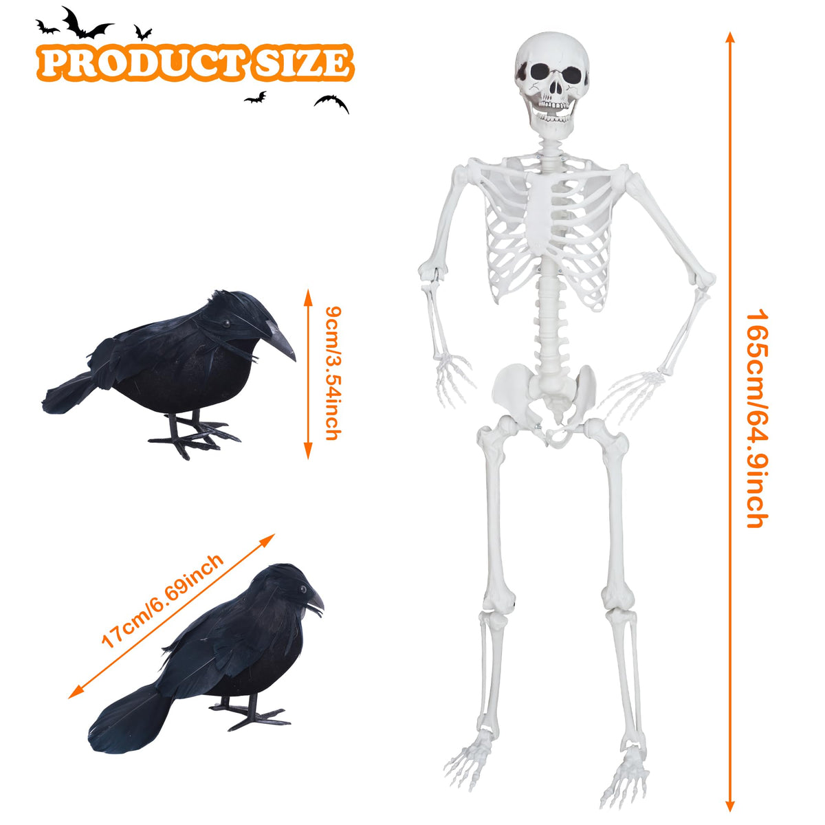 5.4ft/165cm Halloween Skeleton with Crows Movable Joints E872891