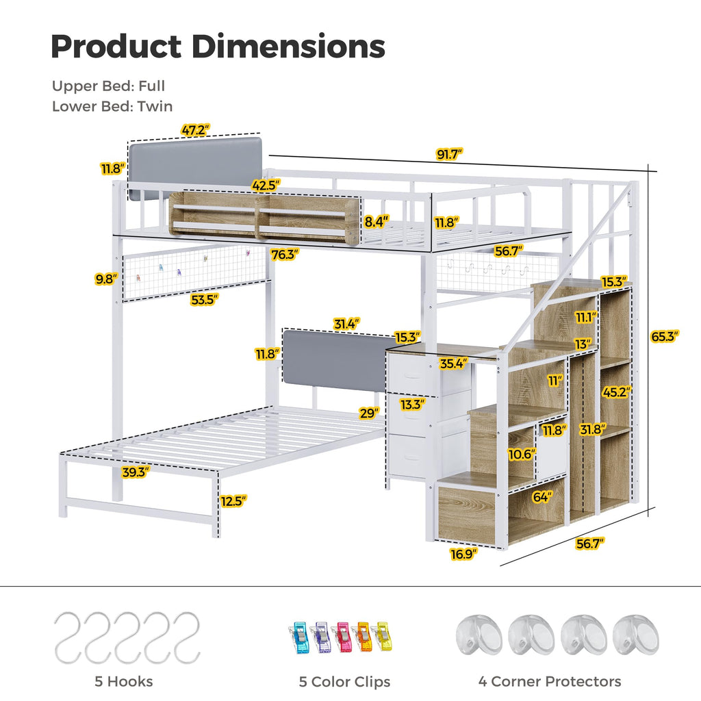 Full Over Twin L-Shaped Metal Loft Bunk Bed with Desk, Stairs, Drawers, Shelves, Charging Station and LED Light C8529