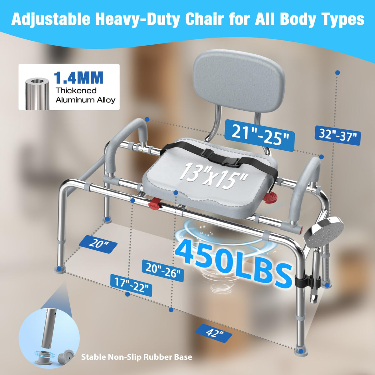 Sliding Shower Chair Tub Transfer Bench with Swivel Seat, 450lbs, Adjustable Height, Gray B6175
