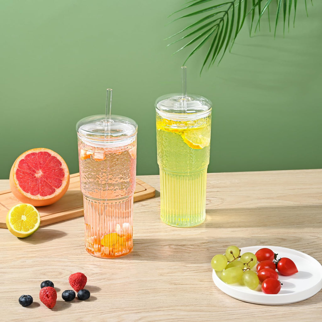 20 oz Glass Cups with Lids and Straws J105499